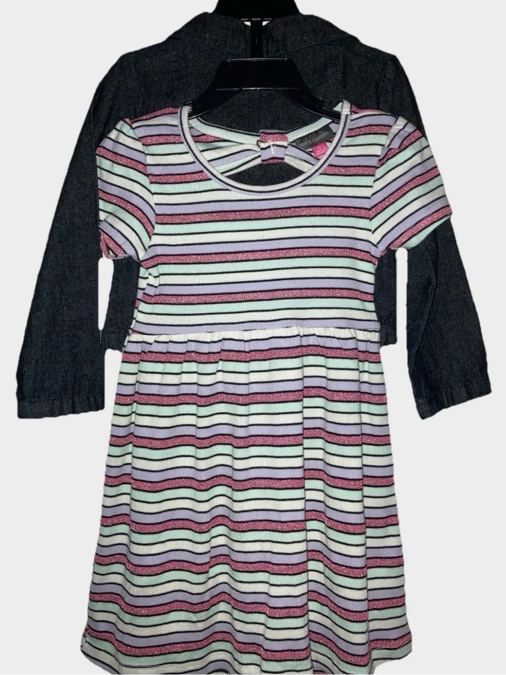 Toddler Girls Vince Camuto Jean Jacket Striped Dress 2-Piece Set 3T Sparkly